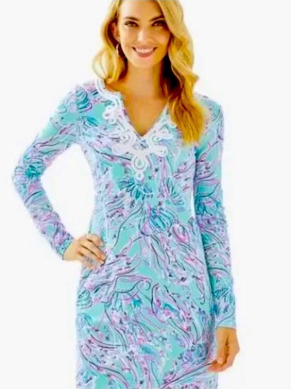 LILLY PULITZER LONG SLEEVE HARPER SHIFT DRESS IN BAYSIDE BLUE UNDER THE MOON NWT